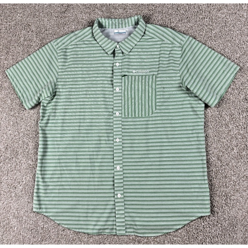 Columbia Omni Shade Shirt Men Extra Large Green Stripe Button Up Short Sleeve XL